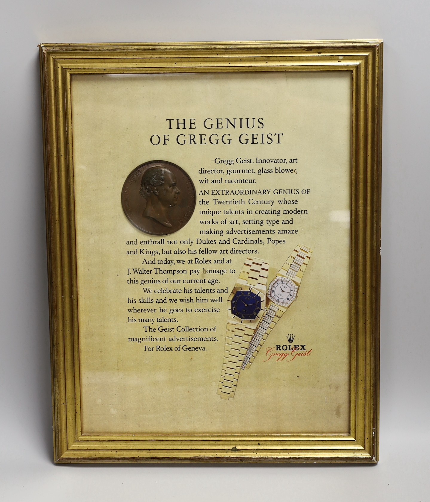 Rolex Interest - The Genius of Gregg Geist presentation advert inset with a bronze medal, 31 x 23 cm